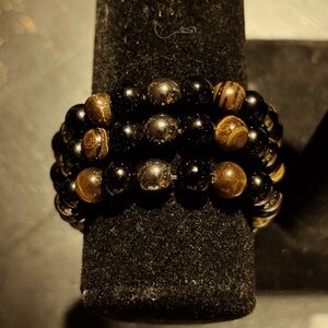 Black and Gold Beaded Stackable Bracelet Set - Women Jewelry